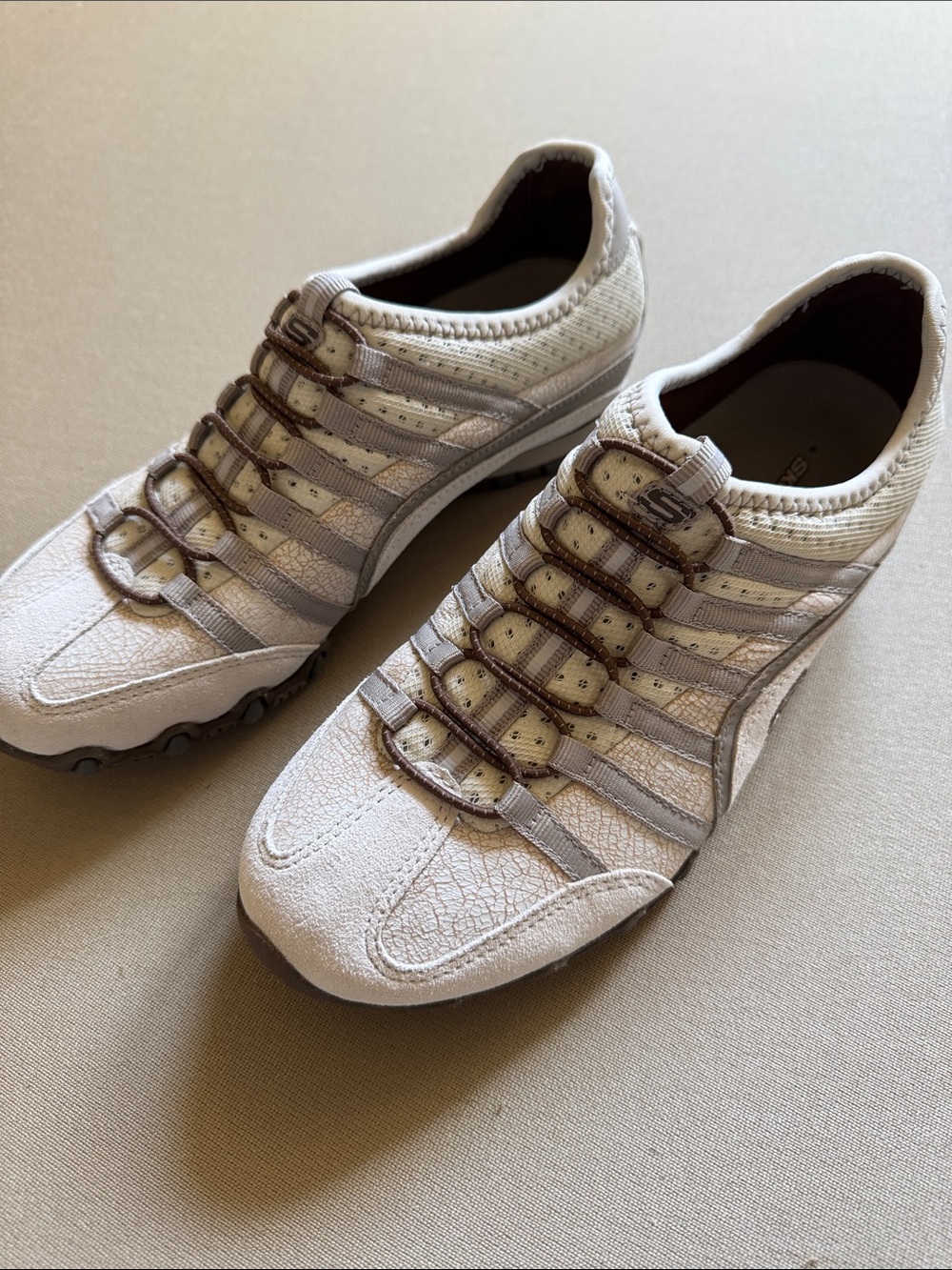 Skechers Men’s Slip-On Sneakers in Light Beige and Brown Accents
